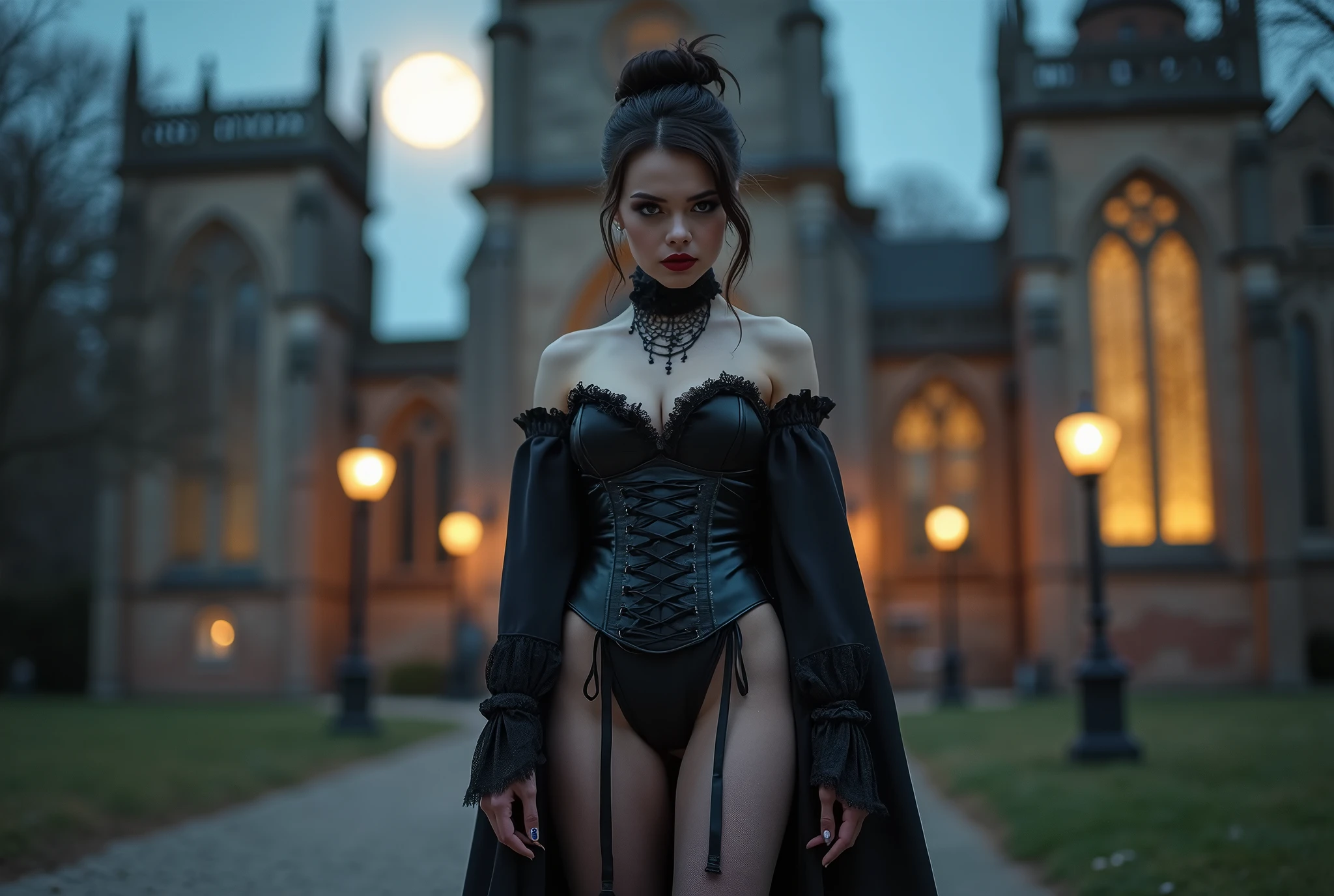 A captivating portrait of a dark fantasy character featuring a 25-year-old woman with a striking resemblance to Maisie Williams. Her curly brown hair, with a slightly ashy tint, frames her face and contrasts beautifully with her pale skin. Her deep blue eyes, filled with a sense of fright, draw viewers in. She is dressed in a black corset adorned with intricate belts and stockings, embodying a dark sorceress aesthetic. The outfit includes detailed leatherwork and metal embellishments, enhancing the dark fantasy theme. Her overall look is completed with two knives in hand, adding to her menacing yet elegant presence. The portrait captures her in a full view, emphasizing her commanding and refined appearance in the context of an epic dark fantasy setting.The setting is in front of Hogwarts School of Witchcraft and Wizardry, evoking a sense of magical realism. It’s a sunny summer day, with cumulus clouds scattered across the bright blue sky, casting dynamic shadows over the ancient castle. The grandeur of Hogwarts, with its towering spires and gothic architecture, forms the majestic backdrop. Other scholars and students in Hogwarts-style robes are seen in the background, engaging in various activities as they make their way to and from the castle. The scene is set in a lush, well-maintained landscape with meticulously manicured grounds and stone pathways leading up to the castle. The vibrant greenery and the warm summer light complement the dark fantasy character's striking appearance, creating a visually rich contrast between the character and her surroundings.Ancient stone pathway
Wrought iron gate
Hogwarts banners
Wand
Spell book
Cauldron
Lantern
Magical artifacts
Hogwarts castle towers
Stone benches
Flower beds
Cobblestone walls
Magical creatures
Gryffindor lion statue
Hogsmeade village view
Enchanted tree
Floating candles
Dark potion bottles
House banners
Magical scrolls
Mystical runes
School trunks
Quaffle
Broomstick
Time-turner
Alchemy lab equipment
School owls
