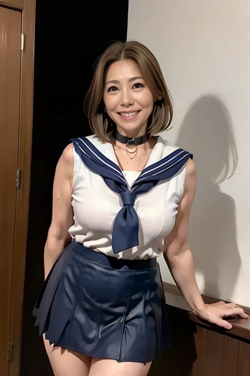 cosplay shooting venue ， huge poster of myself in the background，， mature mature , Lady, old woman, 55-year-old married woman,(masterpiece:1.4),(59-year-old woman  :1.5),(Facial wrinkles:1.2), (mid-length hair : 1),       gentle smile  ,    beautiful mature woman  ,    big beautiful girl   , (   Thick lips), ( ホワイト   miniskirt  : 1.3), (   sleeveless shirt  : 1.2), pores, Skin scars  , freckled skin,    realistic and detailed skin  ,   plump body  :1.5，  Middle-aged women，Attractive appearance，   miniskirt，Wrinkles around the eyes:1.5，   sexy pose，Attractive figure ，    Mature Woman in Sailor Suit with Hair Hanging from Her Ears Cosplay，   Japanese mature，45 years old，   mature woman 1   :1.3, , (((   best quality, masterpiece,     anatomically accurate,    super detailed, 8k))), (( Photographically:1.2,  Photographicallyity:1.2、Canon, 135 mm,     The light hits the face :1.5, Japanese Gravure、     open your mouth wide  ,    Hair behind the ears  ,     light brown hair    )),, (((High school girl cosplay:1.3, Sailor collar uniform:1.4, Dressed))),Big Breasts，   Short Hair  ，