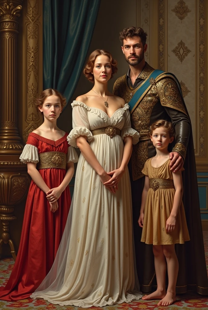 Real portrait of 4 people family ,a tanned man with wavy black hair, clean-cut green eyes, with shorts, defined body an extremely beautiful woman with strawberry blonde hair, gold ,fair skin wearing an elegant dress And children , royal family photo style photo