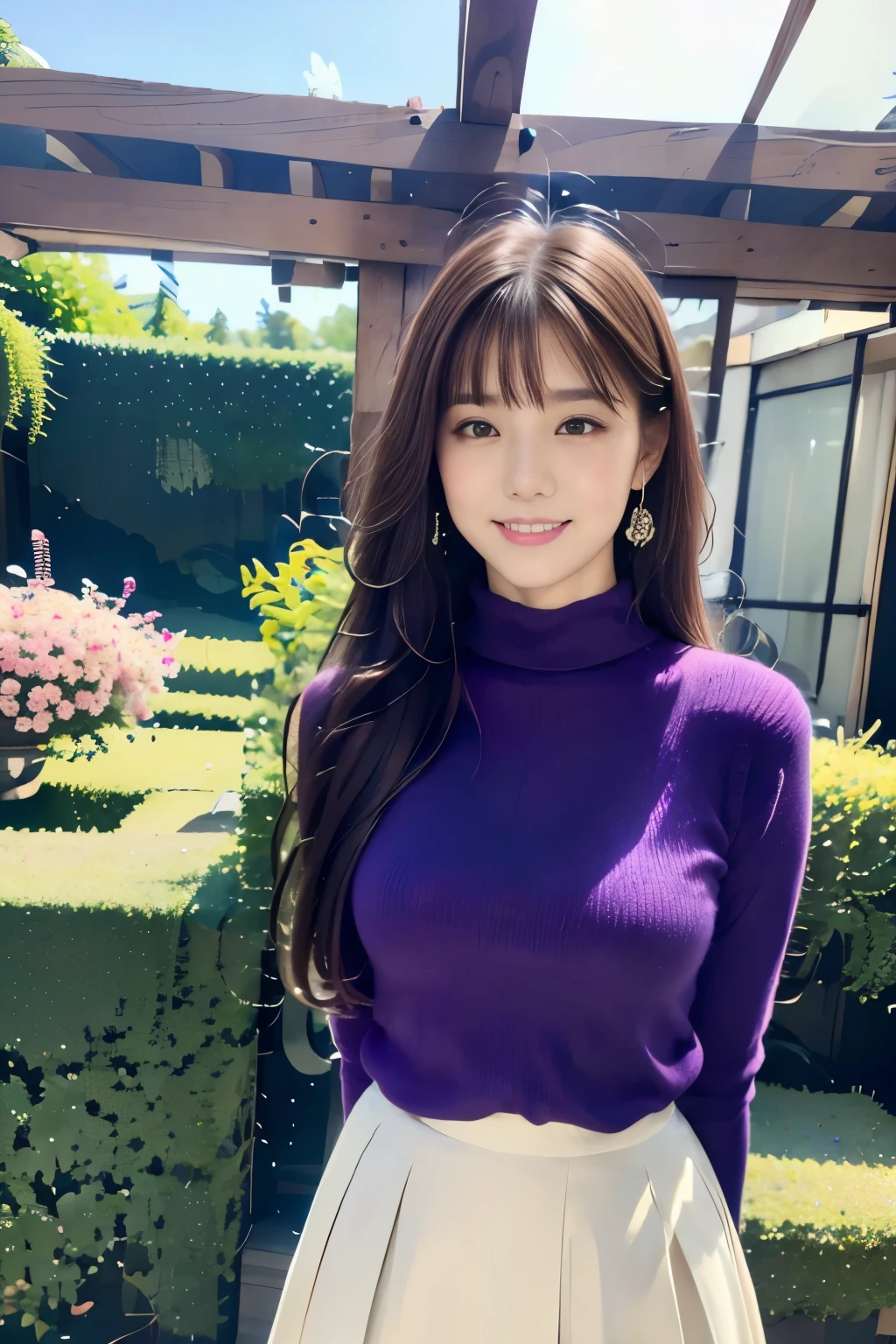 (1 Korean star with royal sister style), ((best quality, 8k, masterpiece: 1.3)), focus: 1.2, perfect body beauty: 1.4 , (smile), (Street: 1.3), highly detailed face and skin texture, fine eyes, double eyelids, whitening skin, (big wave hairstyle: 1.3), (round face: 1.5), (purple off-the-shoulder top: 1.4),