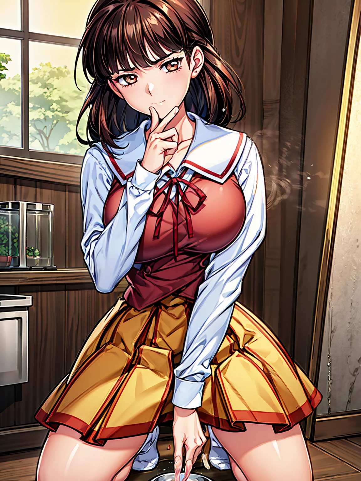 School uniform, red ribbon,long sleeves,white shirt,Brown Vest, black_hair,Long_hair,Bangs,Brown_eyes,Yellow hair ribbon, 1 girl, 18yo,Young female,Beautiful Finger,Beautiful long legs,Beautiful body,Beautiful Nose,Beautiful character design, perfect eyes, perfect face,expressive eyes,perfect balance, looking at viewer,closed mouth,serious, official art,extremely detailed CG unity 8k wallpaper, perfect lighting,Colorful, Bright_Front_face_Lighting,shiny skin, (masterpiece:1.0),(best_quality:1.0), ultra high res,4K,ultra-detailed, photography, 8K, HDR, highres, absurdres:1.2, Kodak portra 400, film grain, blurry background, bokeh:1.2, lens flare, (vibrant_color:1.2),professional photograph, (Beautiful,large_Breasts:1.4), (beautiful_face:1.5),(narrow_waist), break ((School uniform)), laced panties and bra, break 1girl,  mirror, mirror selfie pose, squatting, spreading legs, reflection in mirror, nsfw, put glass bowl on floor in front of her, ((peeing to glass bowl:1.3)), leaking pee from pussy, humid from pee, nsfw, half-exposed high quality of vagina, ((a lot of public hairs:1.4)), embarrassed,