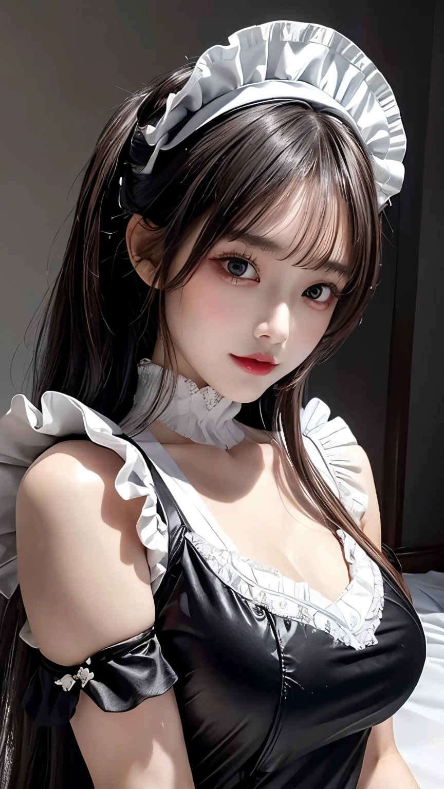 black long hair , wearing a maid outfit, kneel down, feet and five fingers, Background backlit masterpiece, highest quality, 1 girl，thin waist，bangs, Ribbon Ponytail, brown hair, (blush:1),That costume only opens wide at the chest.....， beautiful big breasts, (erect nipples:1),Thighhighs
