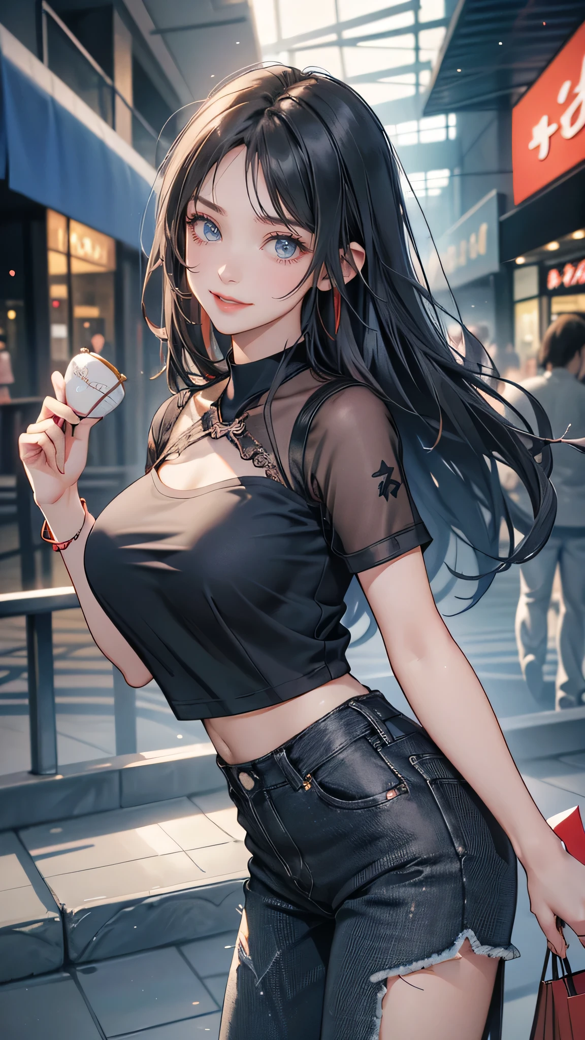 masterpiece, best quality, intricate details, cute gothic girl looking at viewer, black hair, braided hair, pale skin, grey eyes, makeup, black lipstick, perfect eyes, full lips, perfect hands, (slim body), choker, white shirt and plaid miniskirt, cleavage, navel, midriff, earrings, night time, cyberpunk street in the background, neon lights, neon signs, thigh gap,(bokeh effect:1.5)