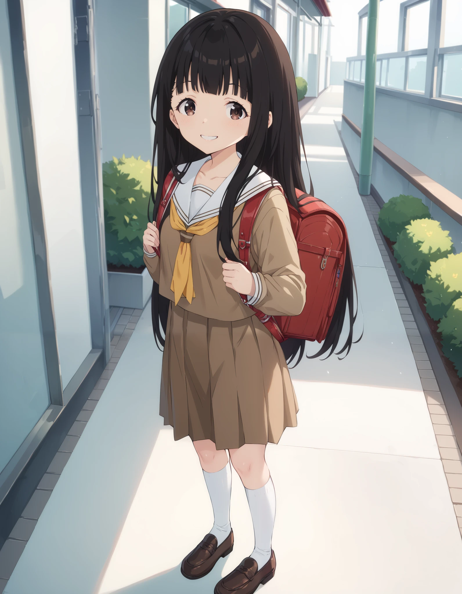 Masterpiece, hd, best quality, kajunukumizu, long hair, bangs, black hair, brown eyes, very long hair, school uniform, serafuku, brown serafuku, yellow bandana, long sleeves, white sailor collar, black socks, brown shoes, standing, fullbody, outdoor, smile, happy, wearing randoseru backpack, red backpack 