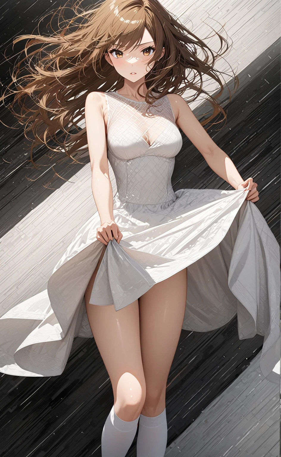 yuzu,Pantyhose,1girl,nice body,(best quality),Transparent gauze skirt,Perfect figure,skirt_lift,Exquisite facial features,Perfect legs,high heels, (ultra detailed),solo,(8K wallpaper),off shoulder, cleavage, huge ,(white sheer dress:1.4),breasts,see-through, narrow waist, areola slip:1.3, strap slip,full_body ,angel,high heel,1 girl,dynamic pose,white pantyhose,(Spread,(Expose breasts: 1.05),(Exposed nipple),(spread Asshole:1.05)