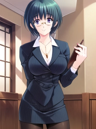 ( hyper extreme  detailed),( Masterpiece),( hyper extreme ),(Photographically),CG,({{color:1.2),  beautiful lighting,Light from the front, Alone, smile, Izawa_Ritsuko, Short Hair ,green hair,green_eye,suit,pencil_ skirt, pantyhose ,