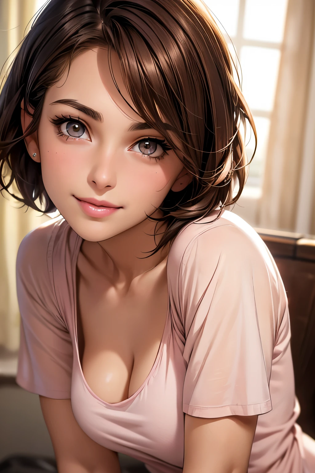 A beautiful 25 year old girl, short hair, brown hair, (detailed face: 1.4), honey eyes, perfect nose, pink lips, smiling, blushing, looking at the camera, white t-shirt, cleavage, medium breasts, (face only)