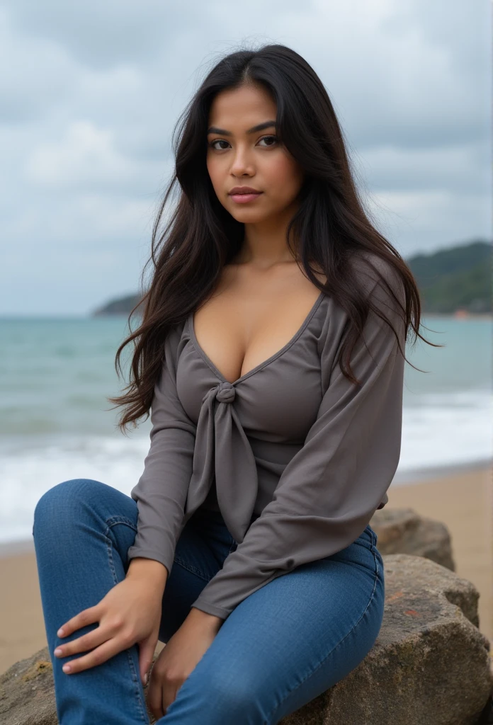 a beautiful Indonesian woman, sexy and curvy body, wearing long sleeve tshirt, long jeans, sitting on the rock near of beach as background details. look at the viewer, natural light realistic photography, wide angle shot, 4K, High resolution, detailed face skin, inticate clothing line, detailed clothing line,