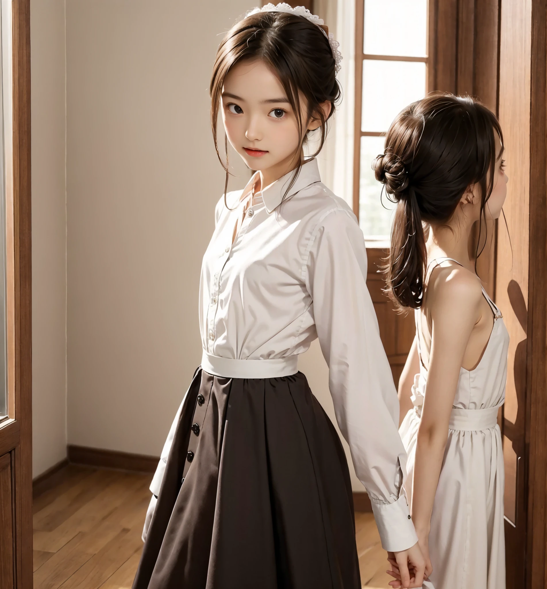 Maid, chignon hair,brown hair,slender body,cute pretty girl