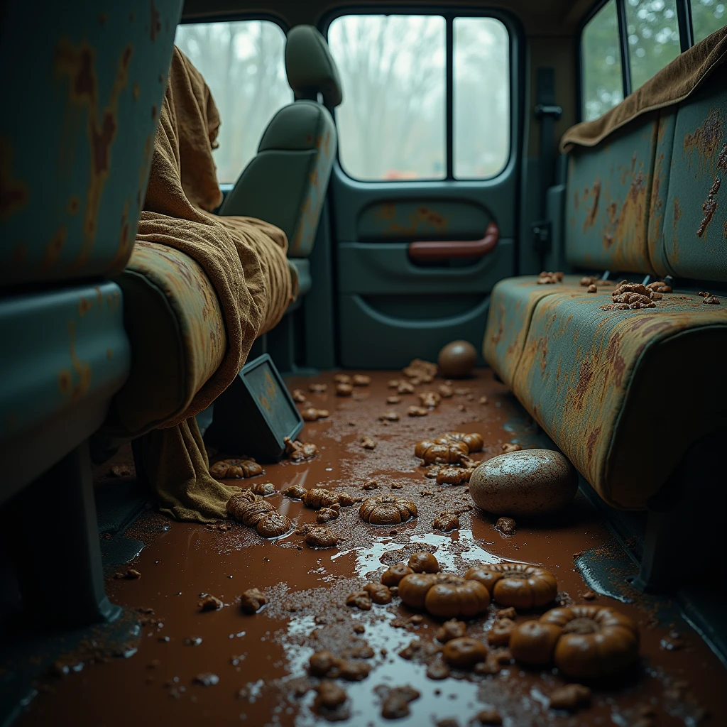 photo of outside a school-bus with (red-liquid:1.2) covering the open back door, light on inside, rear-view (night), lightening, raining, stormy, (trailer-park), blood on ground and walls, caution-tape, (creepy, horror, scary:1.15), (1woman), (detailed, high resolution, high quality, 8k, UHD, high saturation) (isometric), liquid dripping, pooled liquid