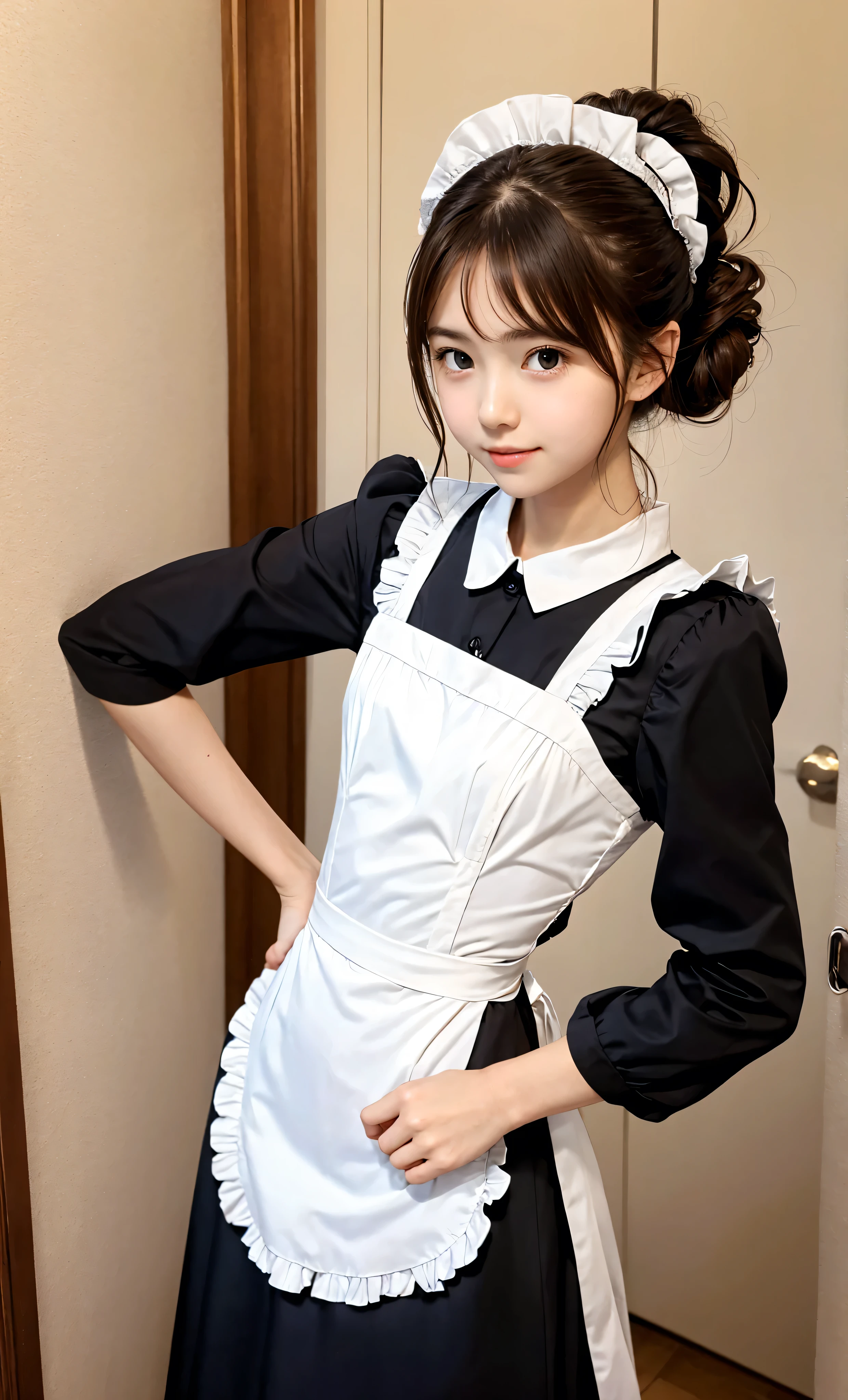 Maid, chignon hair,brown hair,slender body,cute pretty girl