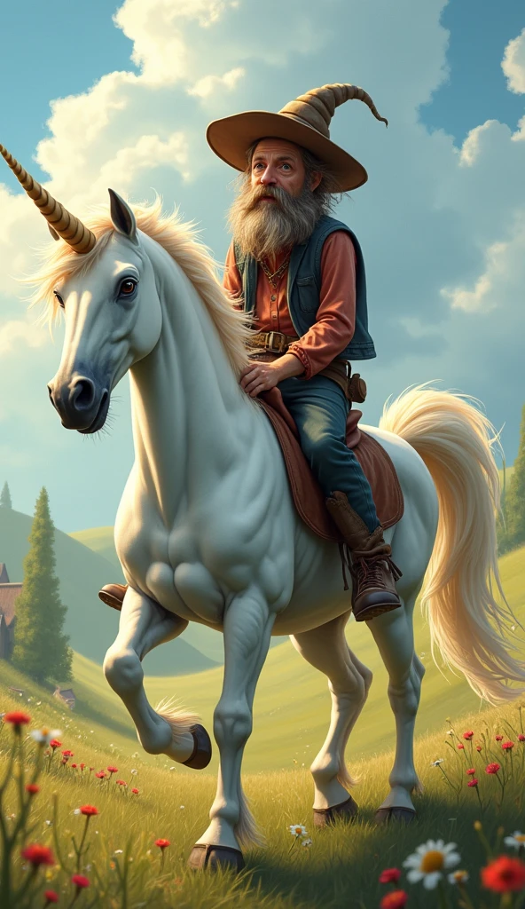 Draw a tramp riding a unicorn 