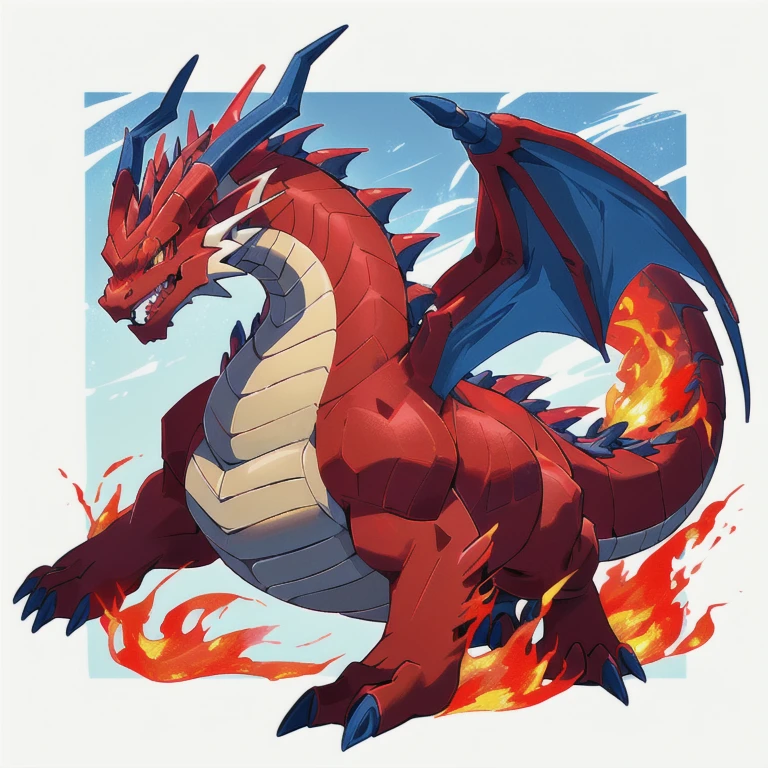 a close up of a cartoon dragon with a red and blue tail, similar to pokemon, dra the dragon, a red dragon, guggimon, new pokemon, fire type, style of pokemon, but as an anthropomorphic dragon, roshan, legendary dragon, portrait of a zentaur, charizard, slifer the sky dragon, official art