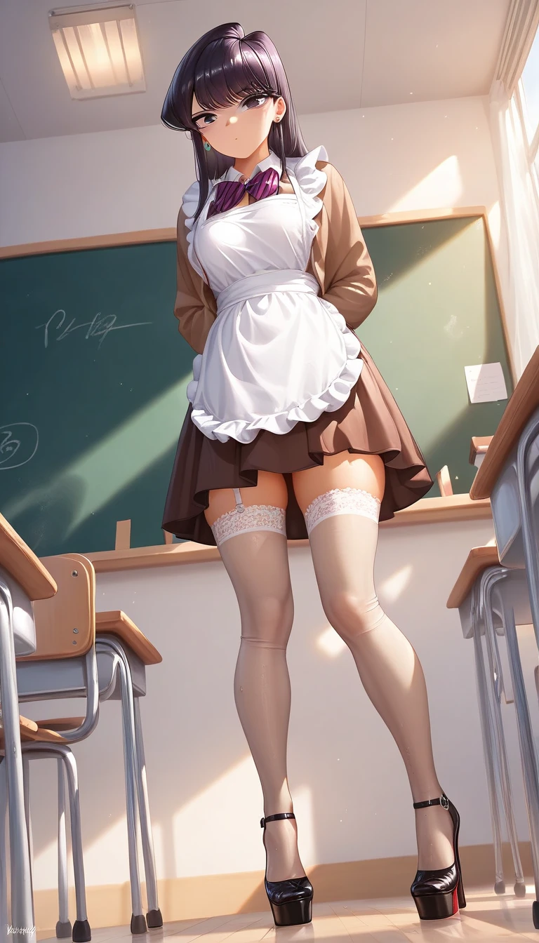 (Perfect Anatomy), Masterpiece, Ultra High Quality, 8k, masterpiece, Highest quality, Ultra-high resolution, Maximum resolution, Very detailed, Professional Lighting, anime, young female, 1 japanese 1 female, Komi Shuuko, thin teen, so beautiful, Highly detailed eye, Highly detailed face, Golden earrings, Ink Hair, Grey eyes, Straight bangs, full body, standing, (wearing a (brown short dress with lace white apron)), short brown dress, (classroom indoors theme), (tan stockings), (high heels) (platform shoes), show her wet inner thighs