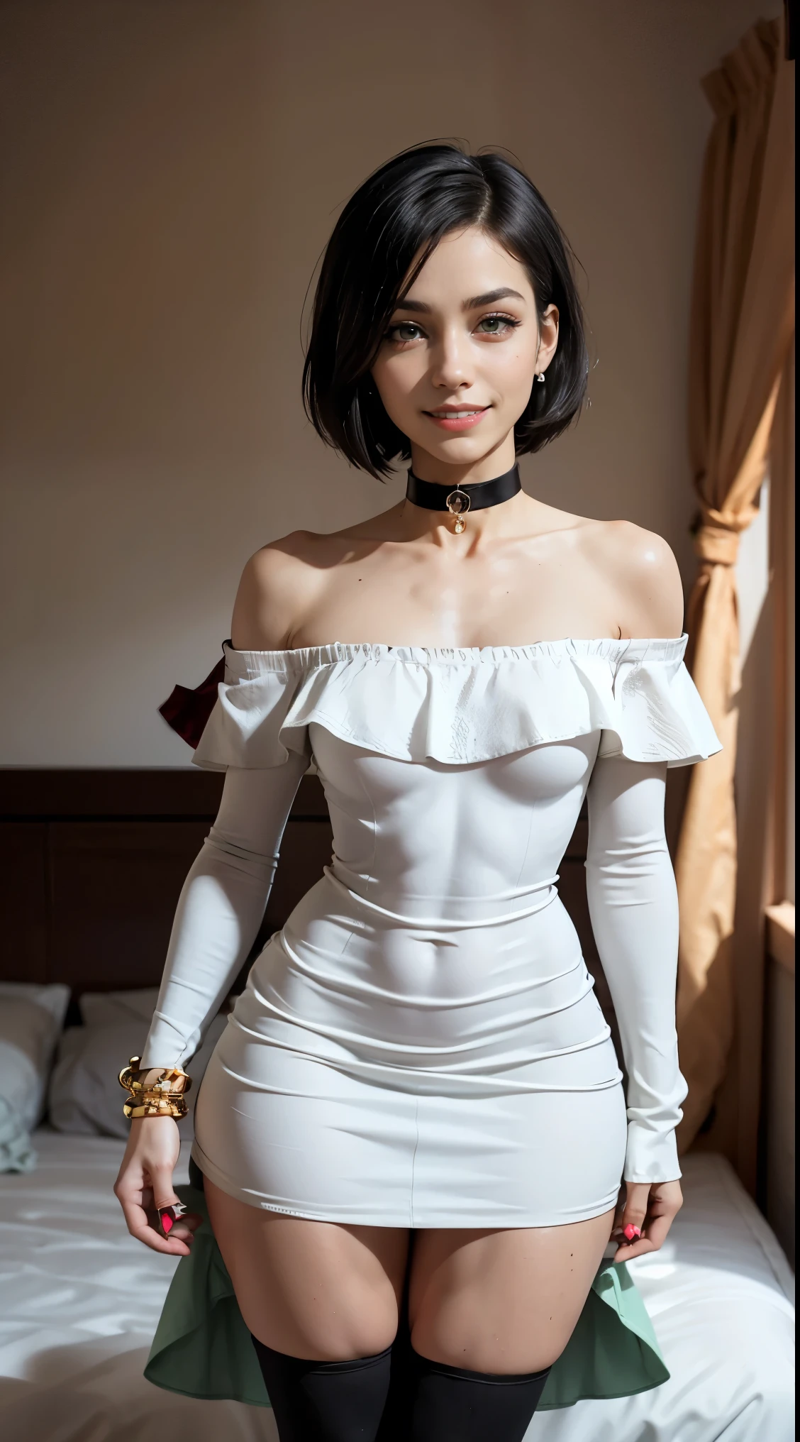(Muscular:2.4), (thick thighs:2.4),
(asian female:1.5), (blunt bangs, long black hair:1.2), (adult), beauty mark, (pale skin),
(glasses:1.2), earrings, eyeshadow, lipstick,
detailed eyes, (big smile:1.5),
(hard nipples), (small perky breasts:1.5),
(choker, strapless sundress:1.9),
(upper body view), (looking at viewer), (three quarter view:1.2),
office, rim lighting, two tone lighting, dimly lit
