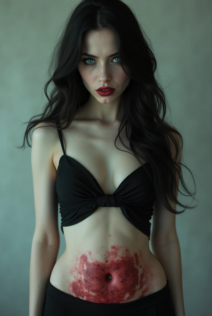 Gothic girl, she is blind, full of scar, naked, wearing only a mini skirt all torn showing her pussy. She's crying with open legs. She's putting a knife in her pussy full of piss
