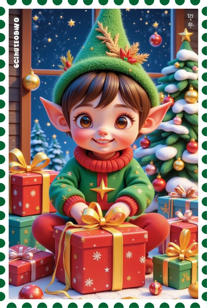 A beautiful Christmas stamp，The Christmas Elf is packing presents