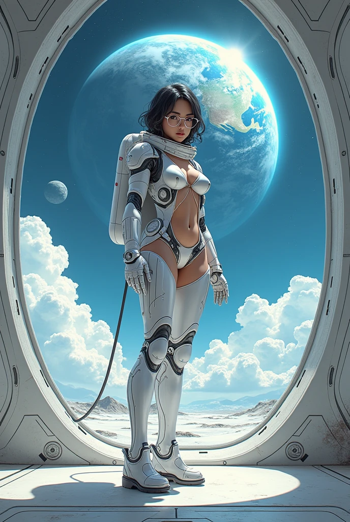 18 years old American woman, ((full body)), ((nude)), ((heavily armored space commander)), beautiful chest, standing with her legs spread apart in the space ship in deep space far from the galaxy, no planet and no moon around there, fighting the huge alien space ship, milky way outside of the ship, zoom in from below