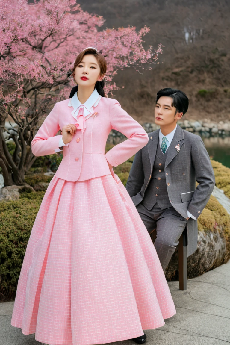 A Korean man in ladies vintage suit dress, big breast like a woman, slender female body, pink and white, A slim body stands out, Rich frills, long sleeves, mermaid skirt, tweed, sit quietly