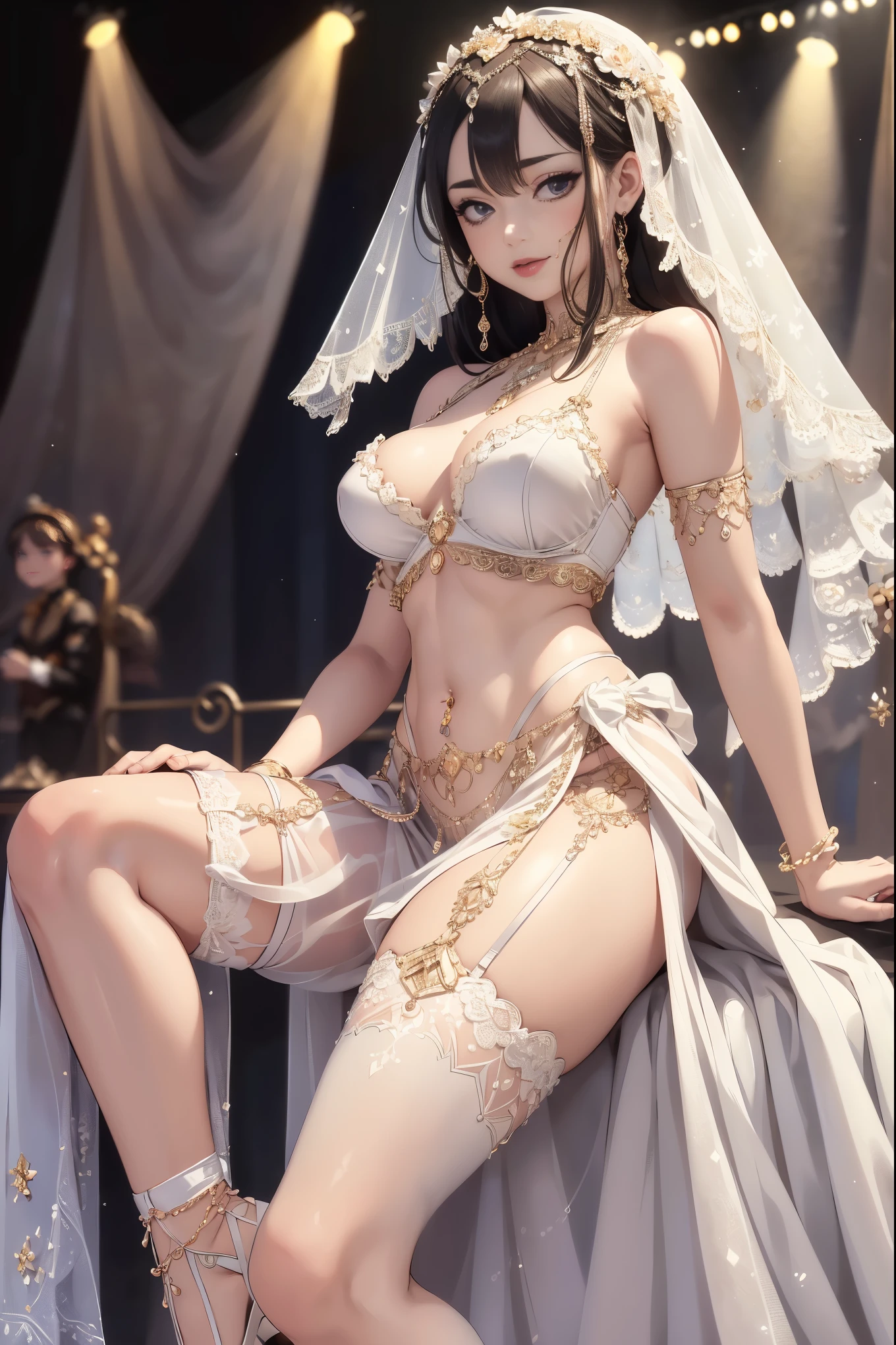 Highest quality, Great quality, 16K, Unbelievably absurd, Very detailed, 2.5D, delicate and dynamic, Very delicate facial expression, Delicate eye depiction, erotic, Healthy body shape, (1woman, girl, chain, face chain, veil, wearing short white skirt, white transparent string bra, showing stomach, navel piercing, white stockings, white garter belt, wearing white platform high heel shoes), (Setting: detailed background, on stage, auditorium, auditorium seating in background, crowds of men watching in background, spotlights on woman, slight steam in atmosphere)