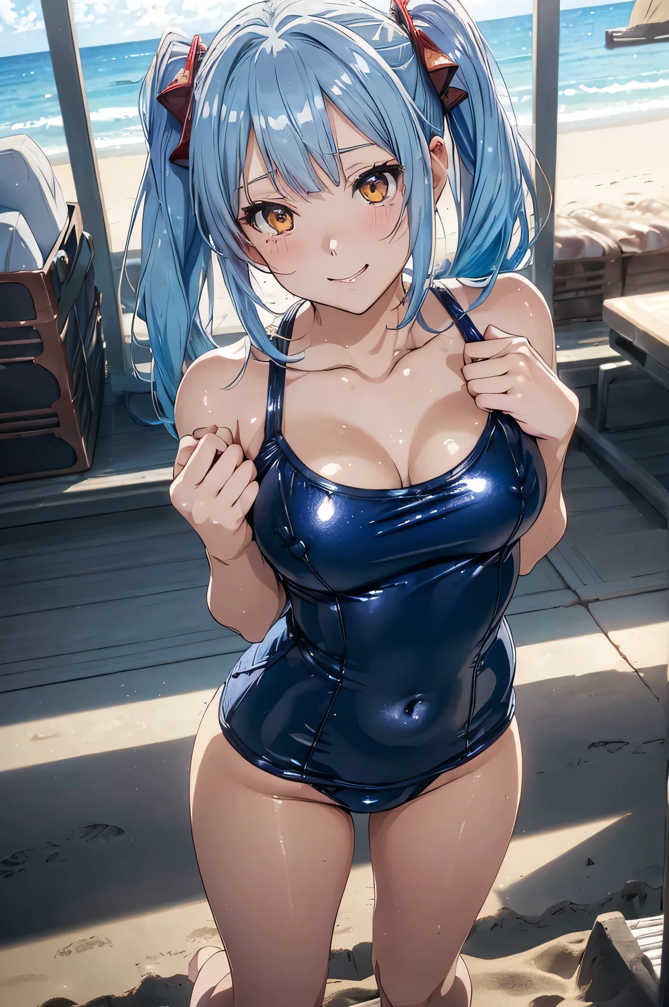 mastute piece,Best Quality,insanely detailed,8k cg,nsfw,
(shoot upper body:1.3),
(1girls:1.3),(Petite:1.2)、Short、standing,looking at viewr,body in front,both arms behind back,(Light blue leotard,bare breasts:1.4,bare crotch:1.4),
break,
blush,shy,(trembling:1.2),(Light blue hair:1.4),
break,
perfect breasts,perfect teats,(open mouth:0.9),(large breasts:1.3),
(indoor sports field)、