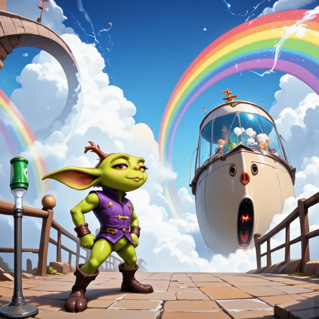  Rainbow colorful beautiful rich colors , Animation,  Cartoon Style ,  A rainbow in the form of a bridge that goes far into the clouds next to the rainbow stands Little gremlin green skin,  long sharp ears ,  big eyes , Shaggy Hands ,  Holds a Cane ,  Green cylinder with red ,  jacket Purple with yellow buttons ,  Green pants and boots dark chestnut color ,  Stands Next to the Rainbow A cane Works Magic ,  Beautiful Summer Day ,  Sunny,  warm and delicate colors , bright colors,  Best quality,  Complex Details , 8 k, masterpiece,