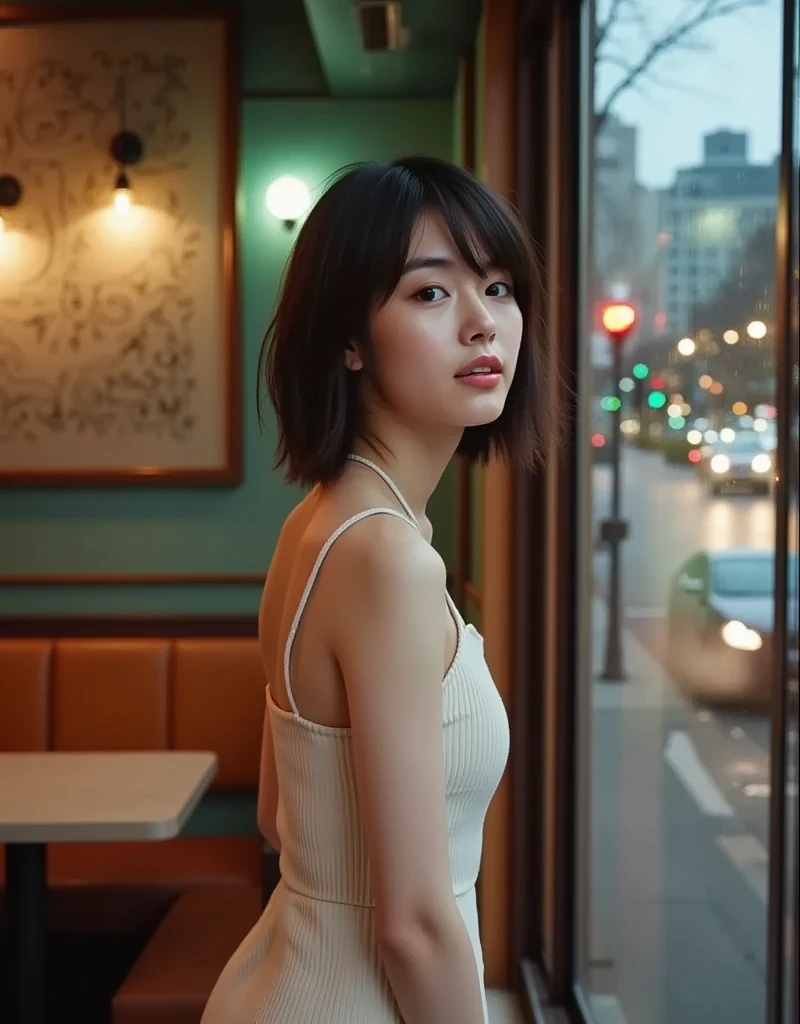 ((NSFW))),(Full body nude photo of a 30-year-old Asian woman :1.5),(Small breasts ,Light pink, beautiful, shaped, and hard nipples, gorgeous actress-like woman:1.4) She's standing by the window of a cafe with a 70s-style interior in New York looking out at the window . She is naked. She is pale, natural skin and no makeup, close up showing pores and skin texture. she has firm , flat belly with well defined muscle grooves,  very small breasts , and short, smooth, tousled black hair, Fresh, almond shaped face, looking out at the city through a glass window. retro style lighting and a woman's silhouette is reflected in the glass, the evening skyline of new york city is blurred in the distance.