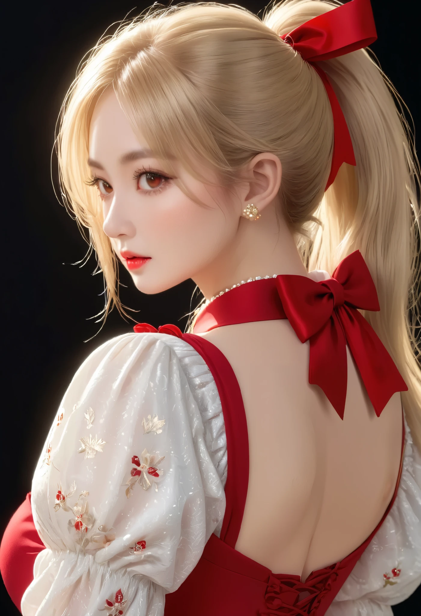 light particles, soft lighting, volumetric lighting, intricate details, finely detailed,1girl, solo, , (beautiful and ample breasts, deep cleavage, :1.5) and a huge waist,blonde hair, long hair, high ponytail,red eyes, long eyelashes, thick eyelashes, looking at viewer,red dress, ornate dress, backless dress, puffy sleeves, juliet sleeves, (long sleeves:1.2), red bow,black background, simple background, from behind,