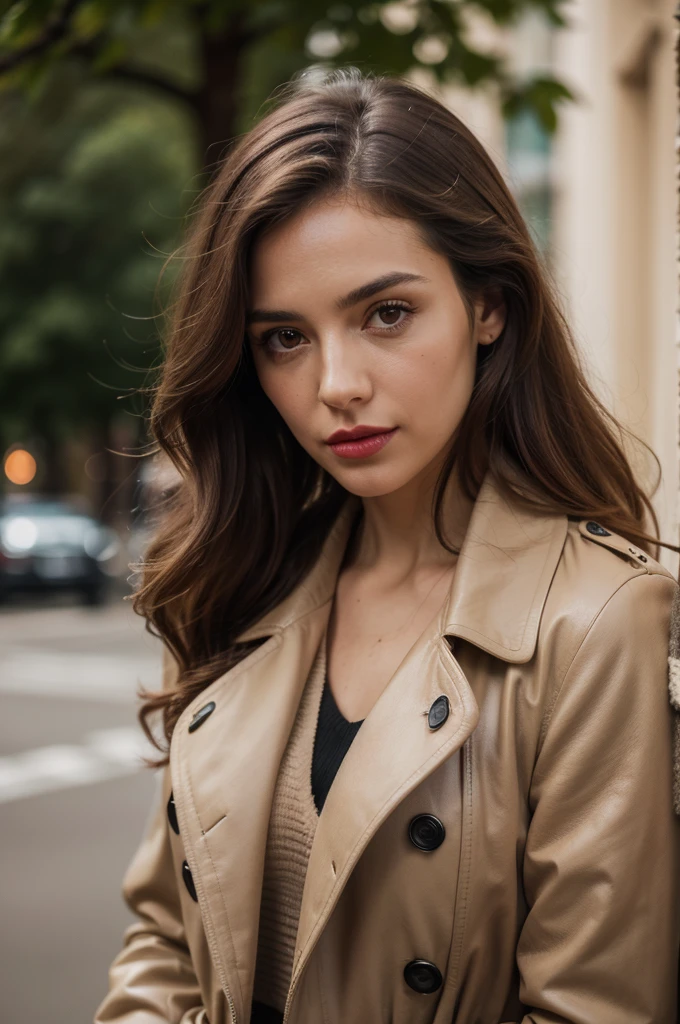 A close-up portrait, half body, a beautiful, gorgeous, marvelous Argentinian woman, super long brown hair, she wears curls, cute expression, pale soft skin, subtle makeup with red lipstick, donning a black leather trench coat with pads on shoulders, paired with skinny denim trousers, accented with a beige sweater top, black riding boots, captured in natural light, shallow depth of field, ultra fine, highly detailed, high constrast, high saturation, 8K, UHD resolution.