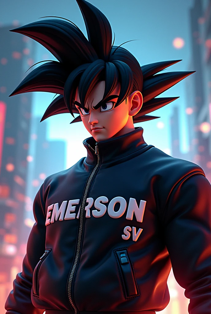 --- The cover of the Goku from Dragon Ball series magazine poster with a neo-cyberpunk theme, street anime art style, Goku in a head-length view, with a vivid yellow background. The background includes abstract geometric shapes and neon signs in Japanese, creating a futuristic urban atmosphere. Bold and dynamic lighting, with high contrast and red glow. Created using: digital art techniques, manga influences, cyberpunk aesthetics, high detail rendering, bold outlines, red color palette, modern design software, urban street elements, HD quality