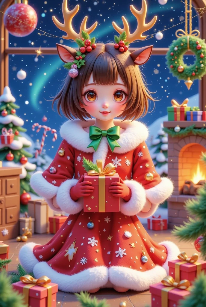 1girl, animal costume, antlers, aurora, bag, beard, bell, blurry, blurry background, blurry foreground, bobblehat, bow, box, brown eyes, brown hair, cake, candle, candy, candy cane, capelet, carrying over shoulder, champagne, champagne flute, chicken \(food\), chimney, christmas, christmas lights, christmas ornaments, christmas tree, city lights, deer, deer ears, depth of field, earmuffs, envelope, facial hair, fake antlers, fake facial hair, fake mustache, fireplace, food, fur, fur-trimmed boots, fur-trimmed capelet, fur-trimmed cloak, fur-trimmed dress, fur-trimmed gloves, fur-trimmed headwear, fur-trimmed hood, fur-trimmed legwear, fur-trimmed shorts, fur-trimmed skirt, fur-trimmed sleeves, fur trim, galaxy, gift, gift bag, gift box, giving, glowing, green bow, green bowtie, green nails, green ribbon, green scarf, hair bell, hat, holding, holding bag, holding box, holding candy, holding gift, holding sack, holly, in box, in container, incoming gift, indoors, jeanne d'arc alter santa lily \(fate\), jingle bell, looking at viewer, meer campbell, merry christmas, milky way, moon, moonlight, multicolored bow, naked ribbon, neck bell, night, night sky, open mouth, open window, ornament,  hat,  popper, pine tree, pom pom \(clothes\), red bow, red capelet, red dress, red footwear, red gloves, red headwear, red ribbon, red sleeves, reindeer, reindeer antlers, reindeer costume, reins, ribbon, rooftop, sack, saint quartz \(fate\), santa bikini, santa boots, santa costume, santa dress, santa gloves, santa hat, shooting star, short hair, sky, smile, snow, snowflake background, snowflake hair ornament, snowflake print, snowflakes, snowing, snowman, solo, space, star \(sky\), star \(symbol\), star earrings, star hat ornament, star necklace, starry background, starry sky, starry sky print, streamers, striped ribbon, stuffed toy, sweater, tanzaku, teddy bear, tharja \(fire emblem\), white capelet, window, winter, wreath, yellow ribbon