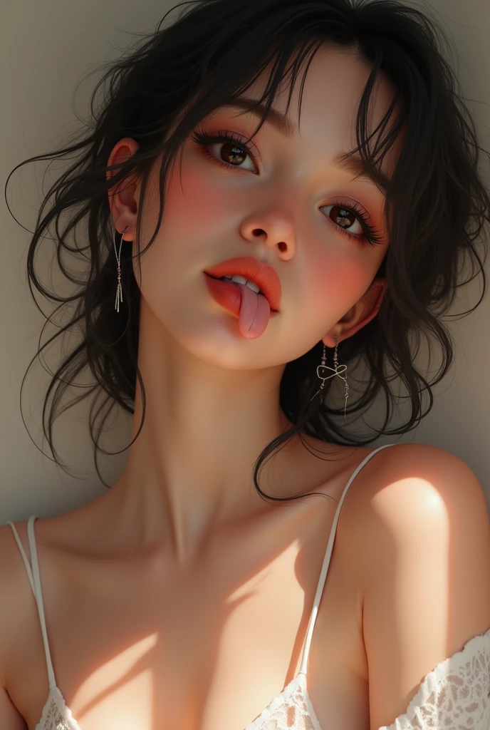 Sticking out pink wet tongue、Glossy red lip gloss