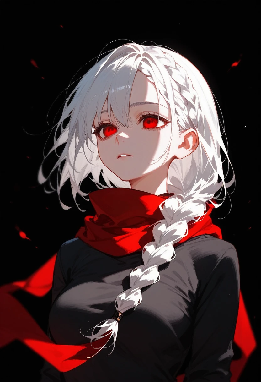  ,White hair,Braid 1 side of hair , with a red scarf, in red eyes , Long Sleeve Black Shirt, medium breasts,Lean Down ,Dark circles under the eyes, black background,In an empty eye, 