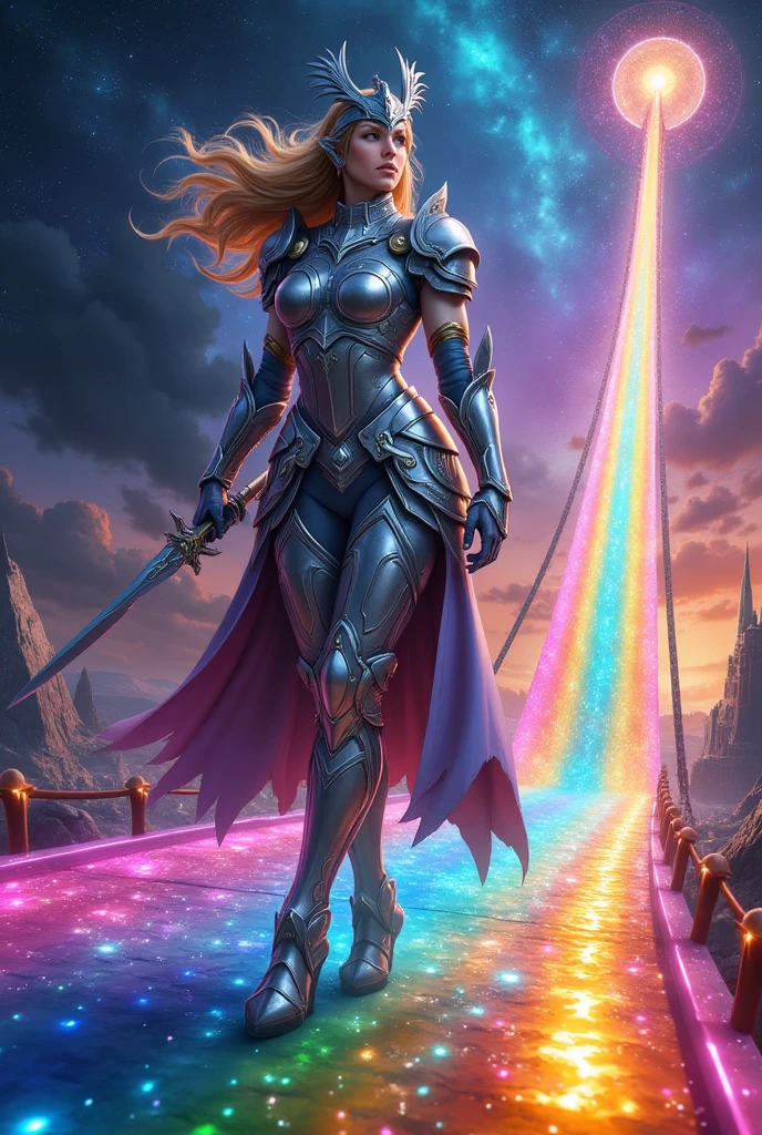 score_9, score_8_up, score_7_up, score_6_up, score_5_up, score_4_up, source_anime, solo focus, Valkyrie, silver valkyrie armor, asgardian armor, warrior helmet, sword on seath, shine, glitter, sparkle, view from above, (walking on rainbow bridge:1.3), (bifrost bridge), vibrant rainbow, (the city of asgard) space, dynamic angle, dramatic lighting