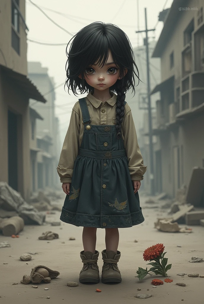 cinematic still, filmed by Guillermo del Toro, close-up shot of a small girl sat in the ruins of a destroyed city. By her side is a battle scarred warrior android epic, awesome