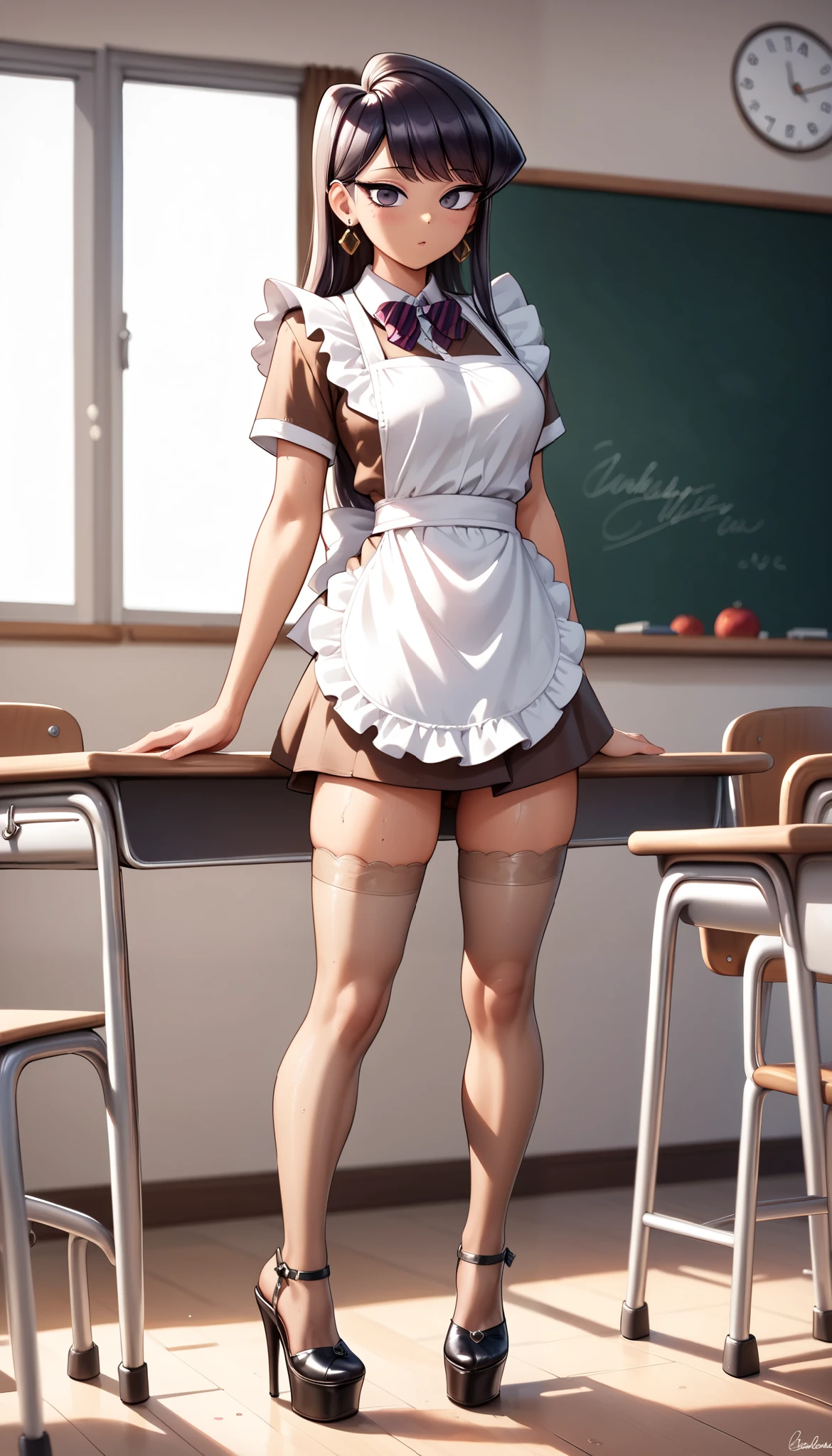 (Perfect Anatomy), Masterpiece, Ultra High Quality, 8k, masterpiece, Highest quality, Ultra-high resolution, Maximum resolution, Very detailed, Professional Lighting, anime, young female, 1 japanese 1 female, Komi Shuuko, thin teen, so beautiful, Highly detailed eye, Highly detailed face, Golden earrings, Ink Hair, Grey eyes, Straight bangs, full body, standing, (wearing a (brown short dress with lace white apron)), short brown dress, (classroom indoors theme), (tan stockings), (high heels) (platform shoes), show her wet inner thighs