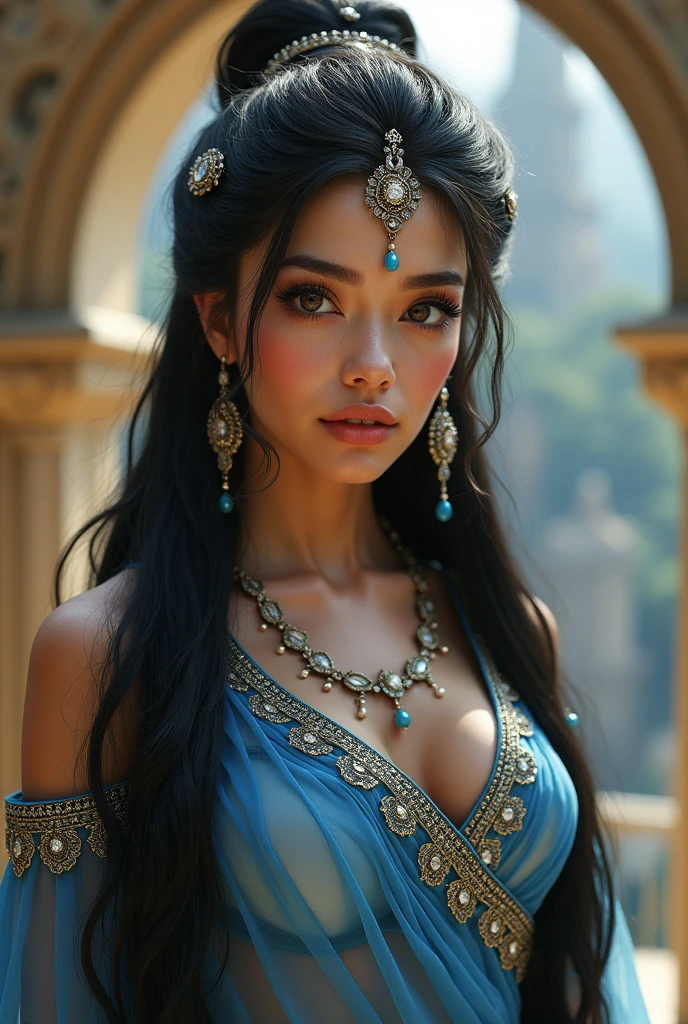 1girl in, Alter19, soli, Long hair, Colossal tits, looking down at viewer, blondhaar, bare shoulders, jewellery, full entire body, (extremely detailed 8K wallpaper), soft lighting, High quality, film grain, Fujifilm XT3 sharp focus, f 5.6, high detailed, keen focus,(natural lightting), (closeup:1.2), (seductive), schulterfreies T-Shirt, realisti, A sexy. (work of art:1.2, best qualityer), 1 beautiful woman 21 years old, alone, photorealisitic, wearing a very detailed outfit, and fitted into your beautiful body, facefocus, realisitic, pastel painting, smart, appealing, detailedeyes (lovely gaze, blue piercing eyes) fine-detailed, long black hair, best CG, whole body, muka: format: Oval First: clear, with a pink tint Eyes: Castanhos escuros, almond-shaped and expressive eyebrows: Arches and well-defined nose: Small and upturned mouth: plump, pink lips, with a warm smile Hair: far away, dark black and wavy