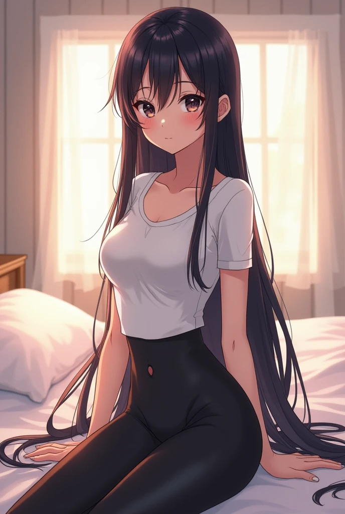 An extremely busty anime woman, with big ass, and long hair, completely smooth, black, silky and shiny that reach the floor, she is biting her lower lip, she is standing next to a bed, and the camera is showing her from head to toe, she is DRESSED, She is thin, She is facing the front, showing her shiny hair with her hands, which are on top of her huge breasts., She is wearing a white t-shirt and short denim shorts, her hair is on her feet, she has a cute face, She has her eyes open and her mouth open 