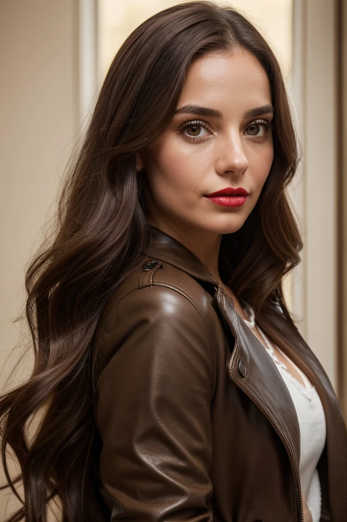 A close-up portrait, half body, a beautiful, gorgeous, marvelous Argentinian woman, super long brown hair, she wears curls, cute expression, pale soft skin, subtle makeup with red lipstick, donning a black leather trench coat with pads on shoulders, paired with skinny denim trousers, accented with a beige sweater top, black riding boots, captured in natural light, shallow depth of field, ultra fine, highly detailed, high constrast, high saturation, 8K, UHD resolution.