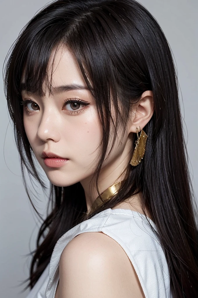 Face portrait, Punk-alt girl with dyed hair, korean asian, black hair with gold streaks, golden irises, strong profile 