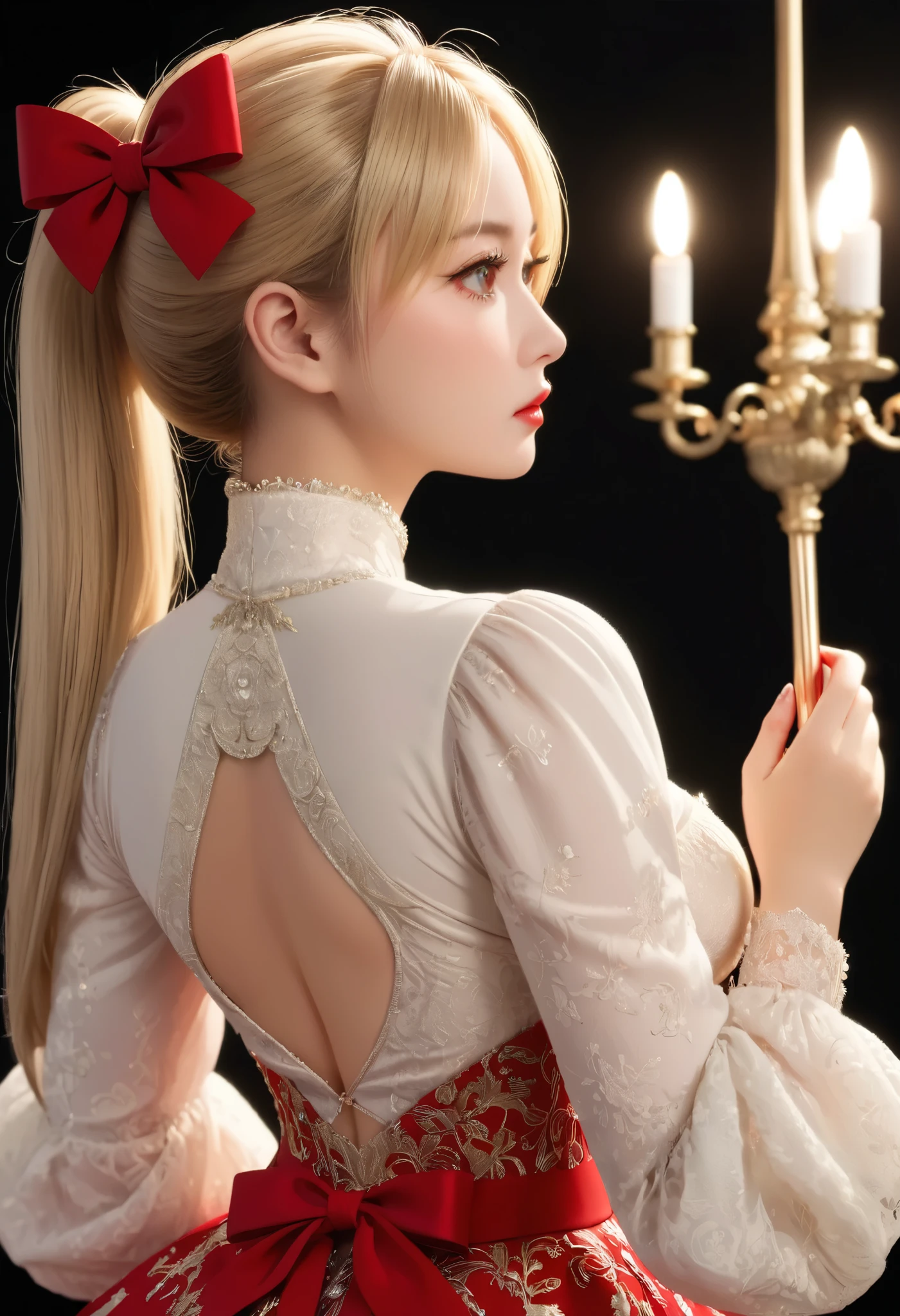 light particles, soft lighting, volumetric lighting, intricate details, finely detailed,1girl, solo, full body shot, (beautiful and ample breasts, deep cleavage, :1.5) and a huge waist,blonde hair, long hair, high ponytail,red eyes, long eyelashes, thick eyelashes, looking at viewer,red dress, ornate dress, backless dress, puffy sleeves, juliet sleeves, (long sleeves:1.2), red bow,black background, simple background, from behind,