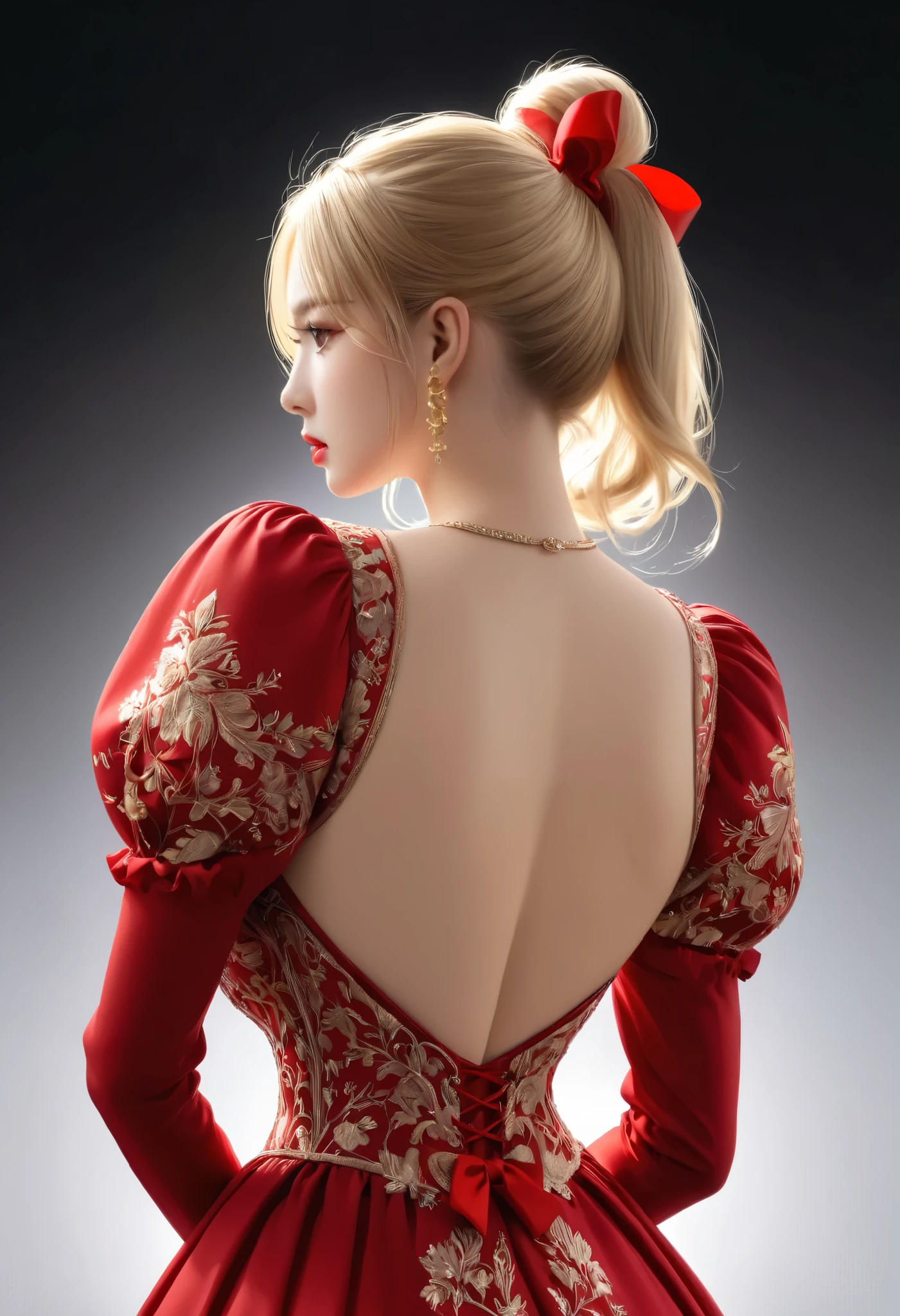 light particles, soft lighting, volumetric lighting, intricate details, finely detailed,1girl, solo, full body shot, (beautiful and ample breasts, deep cleavage, :1.5) and a huge waist,blonde hair, long hair, high ponytail,red eyes, long eyelashes, thick eyelashes, looking at viewer,red dress, ornate dress, backless dress, puffy sleeves, juliet sleeves, (long sleeves:1.2), red bow,black background, simple background, from behind,