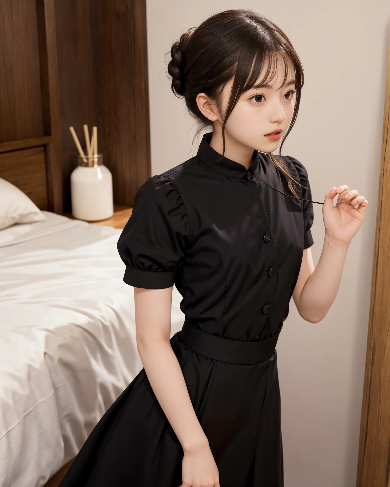 Maid, chignon hair,brown hair,slender body,cute pretty girl