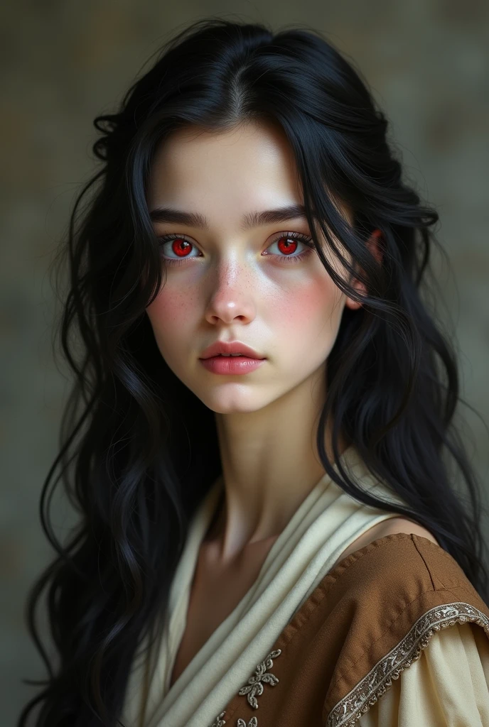 Create a young woman in her twenties , - intensity of the uniform load : her skin tone is pale white ; the shape of her face resembles a heart ; His eyes are big, red in color, like two rubies , with large orbs and pupils that are elongated like a feline ; her hair It is extremely long up to the , slightly wavy and a jet-black color ; her body type is a thin , unfeminine , without major curves and extremely light . He wears medieval khaki and light brown clothing.