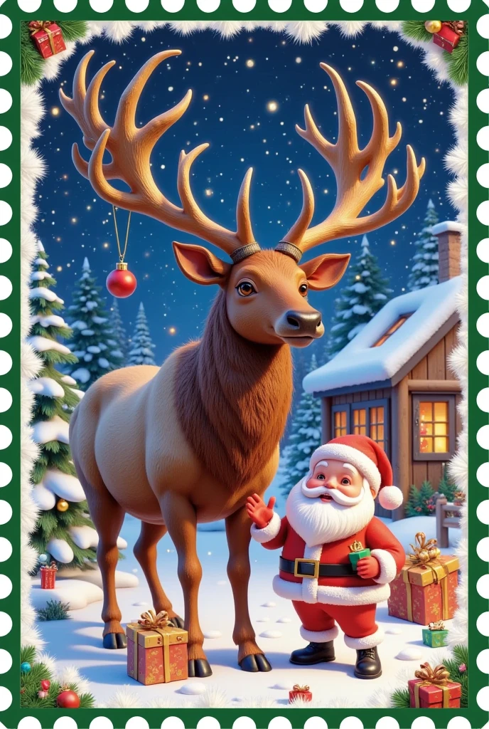 Christmas postcard，Elk and Santa