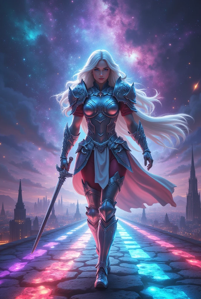 score_9, score_8_up, score_7_up, score_6_up, score_5_up, score_4_up, source_anime, solo focus, white hair Valkyrie, silver valkyrie armor, asgardian armor, warrior helmet, sword on seath, shine, glitter, sparkle, view from above, (walking on rainbow bridge:1.3), (bifrost bridge), vibrant rainbow, (the city of asgard) space, dynamic angle, dramatic lighting