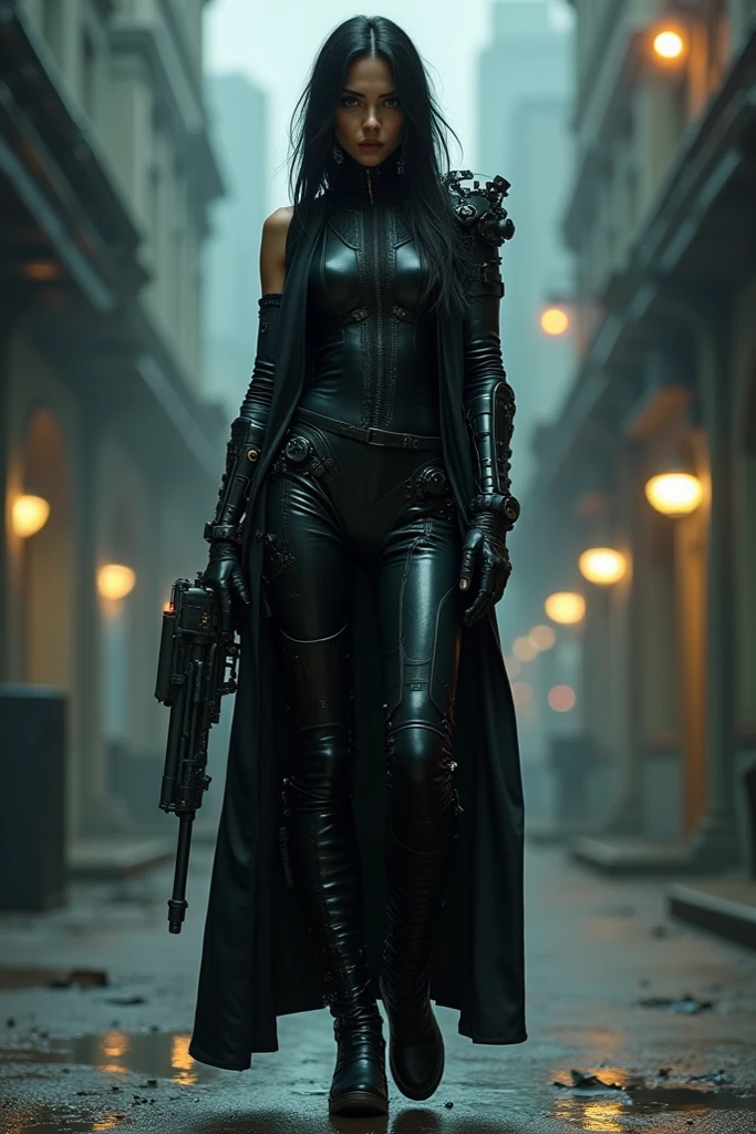 Beautiful woman, medium dark long hair, big chest. black sunglasses, black clothes, rivets, only one person, walking, in the ruins
