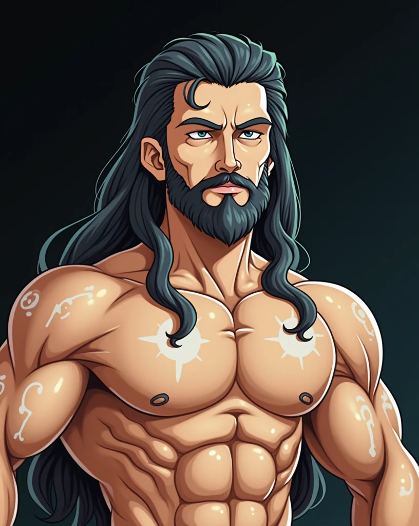 40 year old man, brown with long hair and prominent beard, sentado y sonriente, viendo el atardecer, musculoso, with well-defined and large muscles, desnudo, pene muy definido y sin zapatos, imagen de cuerpo completo, de pies a cabeza, toma el pene con ambas manos, en una playa, al atardecer, atardecer naranja
