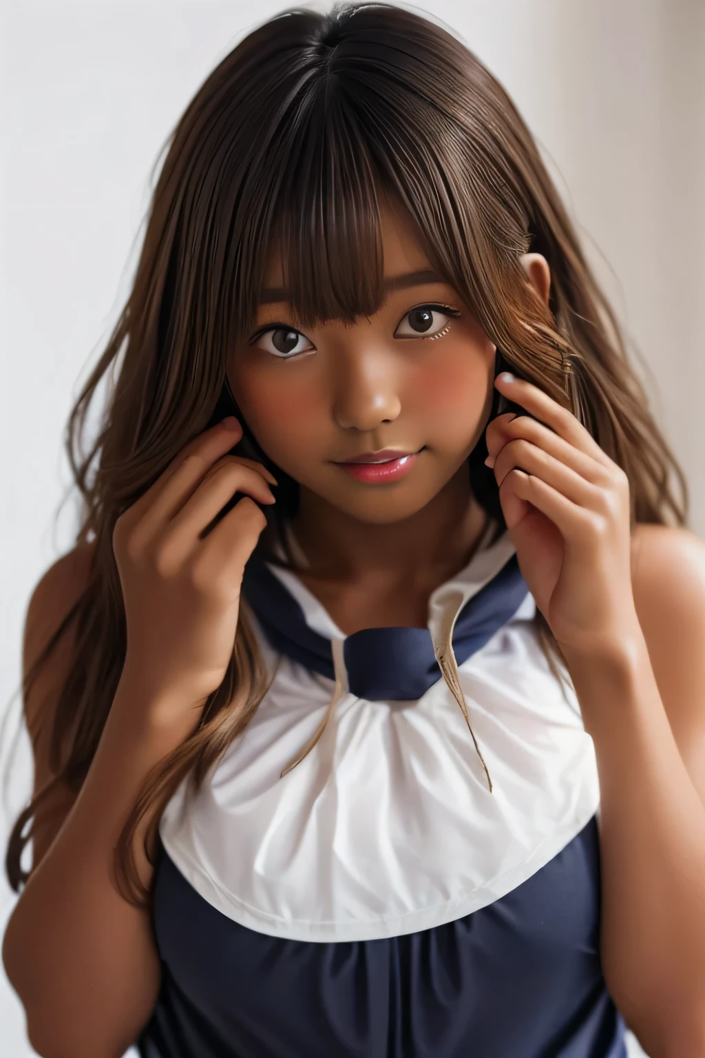 (((( one girl )))), covers his mouth with his hands、 Beautiful breasts、 Brown Eyes , (( gal hairstyle)) blonde, girl, ( eye and face details :1.0), break, (masterpiece, best quality, Very detailed, detail face , 8k),( dark skin tone :2.05 ), (((( school swimsuit )))),( open your mouth ),(((( Thick lips ))))
