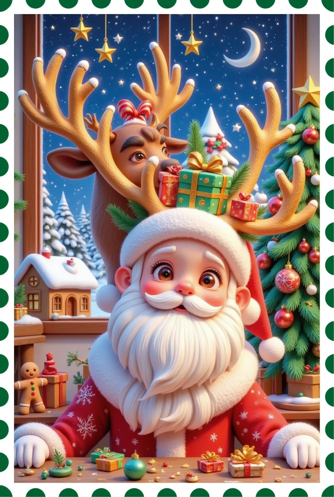 Christmas postcard，Elk and Santa，Hair is decorated with gifts +Christmas tree+Hut+Gingerbread Man+Bow。Short hair，  beautiful face， skin details ，Finding an audience，In a cozy room。Official illustrations，cute，interesting
